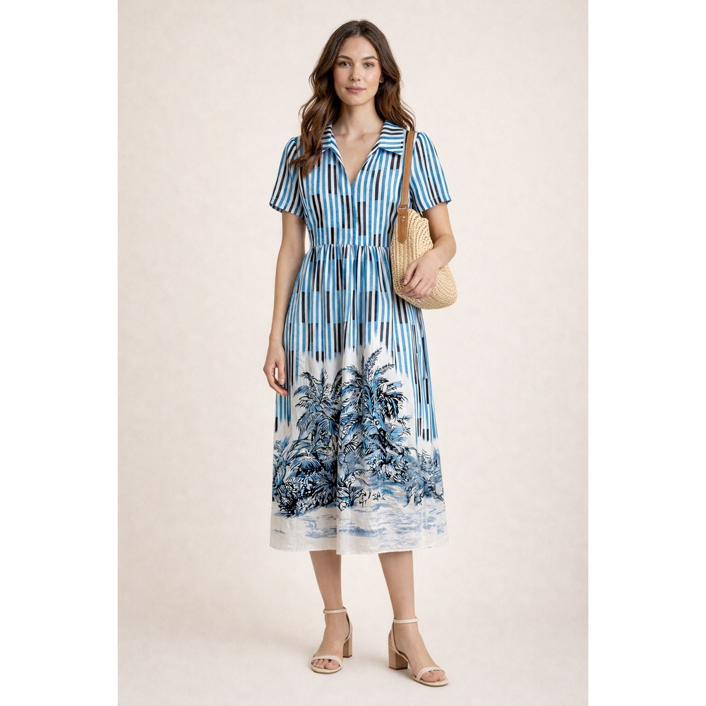 Sandro Awa Paris Blue Striped Palm Tree Border Print Midi‎ Dress Size S Small